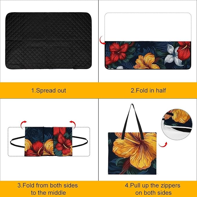 Zipper Realistic Hawaiian Flowers Style Picnic Mat Suitable for Travel Camping Park Or Home Use