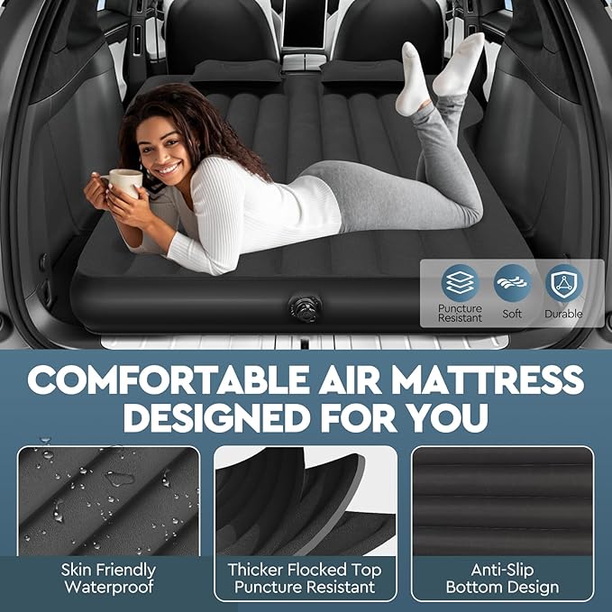 Tesla Model Y Mattress: Inflatable Camping Bed Air Mattress for Model Y Thickened Travel SUV Sleeping Pad with Car Air Pump 2 Pillows
