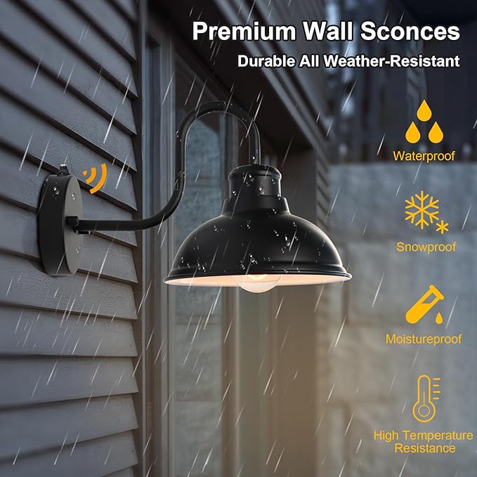 Dusk to Dawn Outdoor Wall Sconces Exterior Farmhouse Gooseneck Barn Light Vintage Matte Black Outside Wall Mount Light Fixture Anti-Rust Waterproof Outdoor Light for Porch Garage