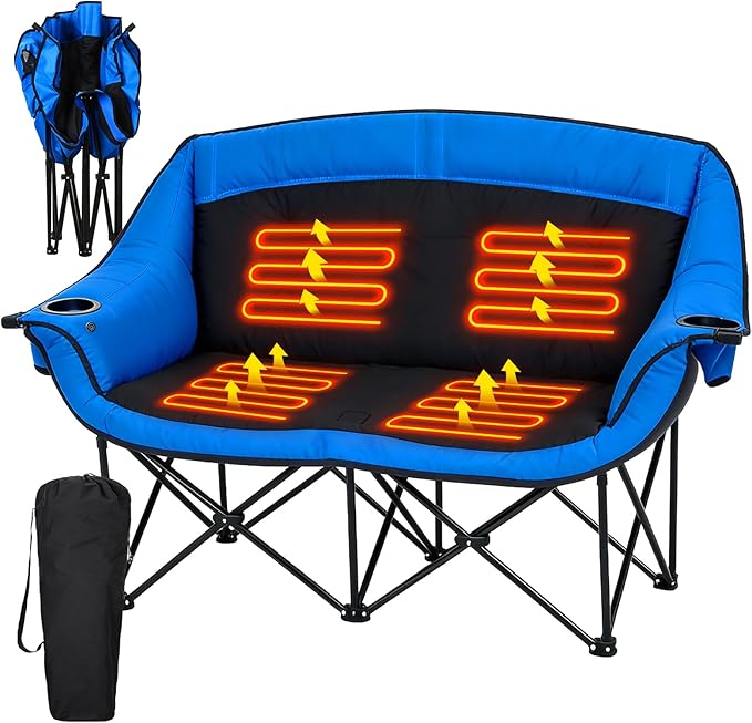 CypherX Heated Double Camping Chair with 3 Heat Levels- Heated Loveseat Chair for 2 Person Heavy Duty Oversized Padded Folding Camping Couch for Adults Outdoor Sports Lawn Portable Chairs (No battery)