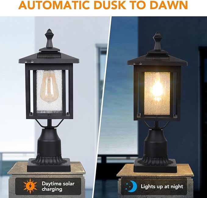 Outdoor Solar Lamp Post Light Dusk to Dawn Waterproof Aluminum Post Lamp with Pier Mount Base for Pole Deck Yard Garden Gates Patio Walkway