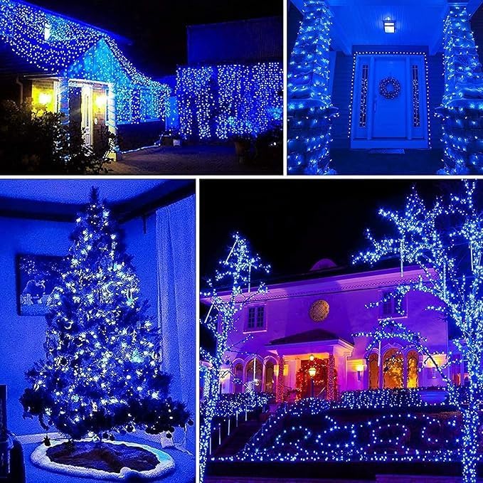 YEGUO 4 Pack Blue Solar Fairy Lights Each 33ft 100 LED Christmas Lights Outdoor Waterproof 8 Modes Sliver Wire Solar String Lights