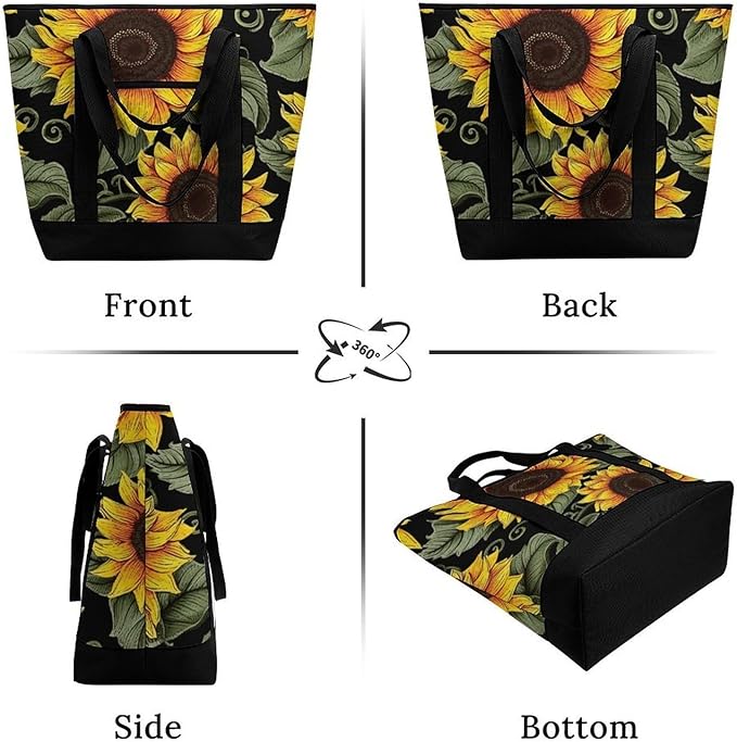 Insulated Shopping BagLarge Reusable Cooler Bags Floral Sunflower Printed Foldable Shopping BagTravel Waterproof Shoulder Bag