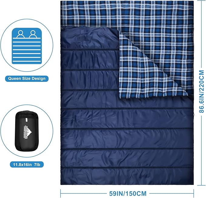 AGEMORE Cotton Flannel Double Sleeping Bag for Camping Backpacking Or Hiking. Queen Size 2 Person Waterproof Sleeping Bag for Adults Or Teens. Lightweight with Compression Sack