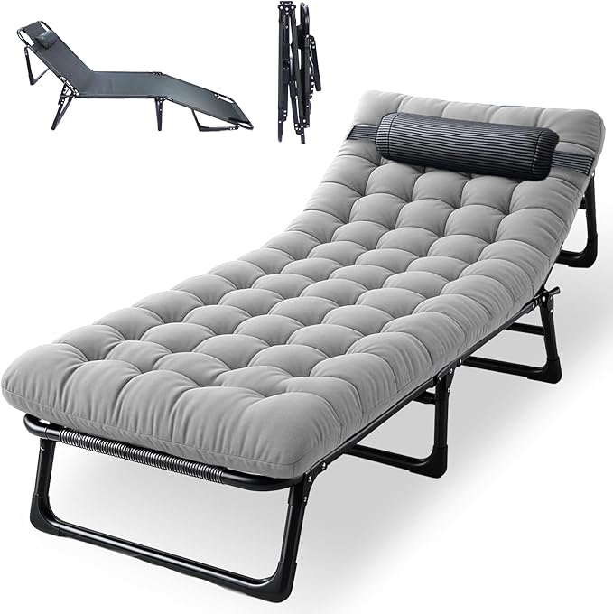 Portable Camping Cot for Adults with Removable Mattress Double Layer 1200D 330lb Foading Cot Heavy Duty Camping Bed with Pillow 4-Position Reclining for Guest Sleeping (Gray)