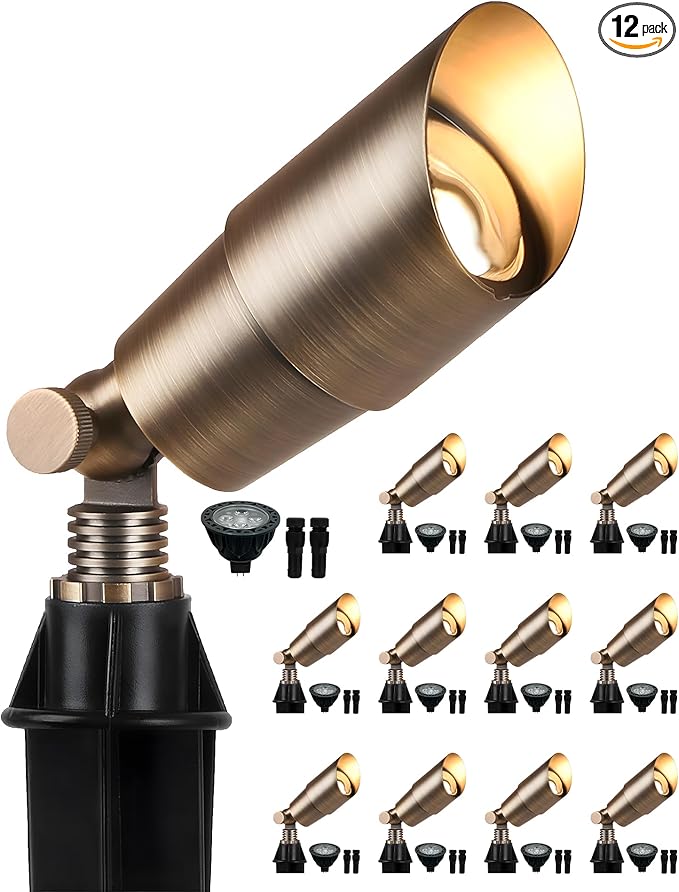 PARTPHONER Solid Brass Low Voltage Landscape Lighting Wired 12V LED Landscape Spotlights with Aluminum Housing MR16 Bulb Heavy Duty Outdoor Waterproof Up Lights for Garden Yard Trees 12Pack