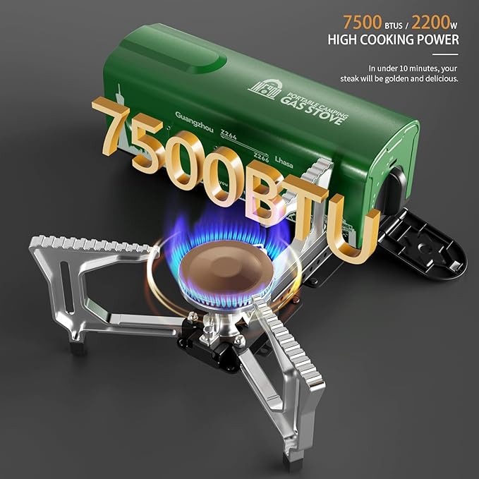 INFOOD Portable Butane Gas Camping Stove - 7500 BTU Compact Folding Design with Carry Bag for Backpacking RV Trips Picnic &amp Outdoor Indoor Cooking Green