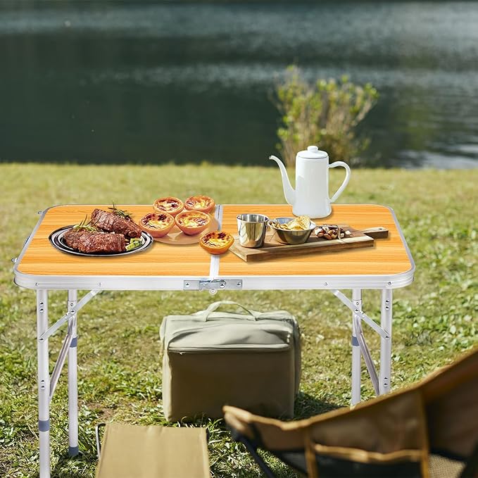 BIVVI 3FT Small Folding Camping Table Portable Lightweight Fold Up Utility Side Tables with Carrying Handle Outdoor Aluminum Fold in Half Dining Card Table for Picnic Party Events (Wood Grain Color)