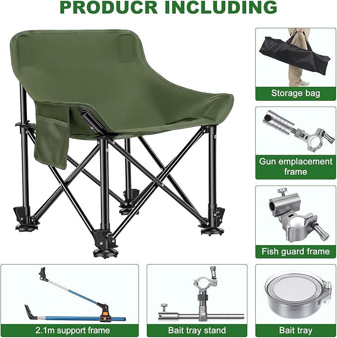 Folding Fishing Chair with Complete Accessories Portable Camping Chair for Outdoor Fishing 220LBS Load-Bearing Non-Slip All-Terrain Design with Storage Bags Carbon Steel Fishing Chair