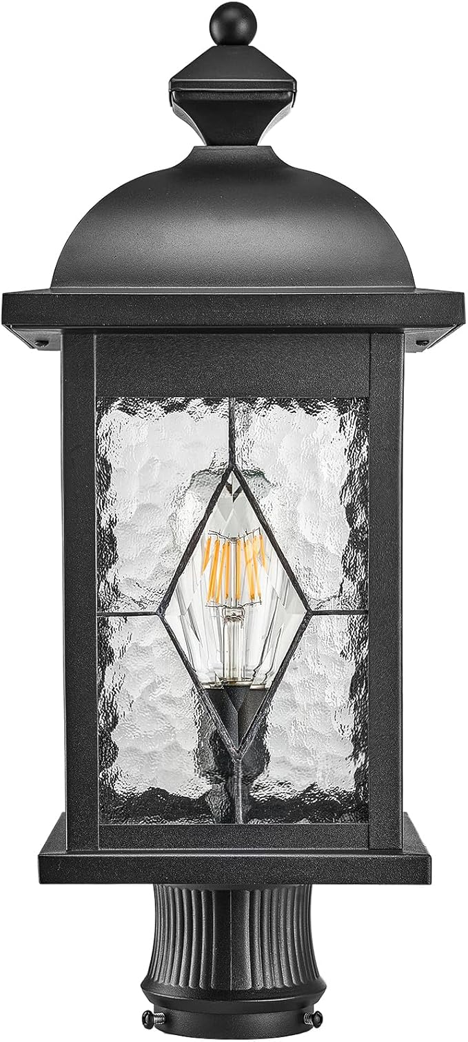 Outdoor Post Lights Exterior Pillar Lantern with Water Ripple Handmade Glass Black Finish 21 Inch Height Large Size Outdoor Post Lighting Fixtures for Walkway Porches Doorway or Garden