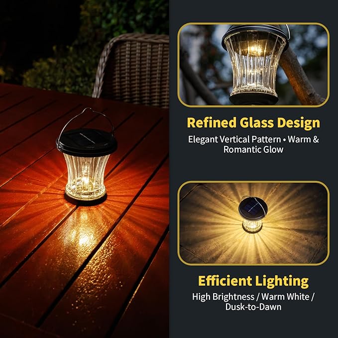 Glass Solar Lantern Outdoor Waterproof Hanging Solar Lights for Outside with Modular Design 3000K LED Auto On/Off Table Lamp for Garden Patio Yard Fence Wall Decorative Warm White(2 Pack)