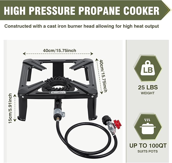 Bestfire High Pressure Propane Burner 120000 BTU Single Propane Stove with 4.1ft 0-20Psi Adjustable Hose with Regulator 16 Square Steel Cooktop for Camping
