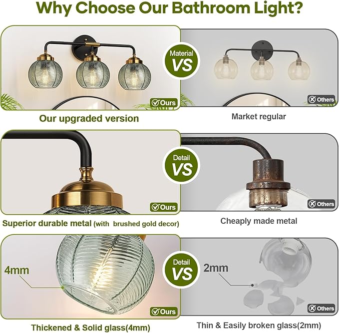 Bathroom Light Fixtures 3-Light Green Vanity Lights with Unique Leaf Texture Glass Shade Modern Matte Black and Gold Bathroom Wall Lamp for Mirror Hallway Cabinet Living Room