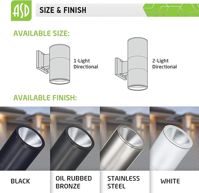 ASD LED Up Down Lights Outdoor Cylinder Wall Light 18W (120W Equiv) 1500Lm 5000K Daylight 120V Patio Wall Light Fixture Wet Rated Stainless Steel Wall Sconce ETL &amp Energy Star 2-Pack