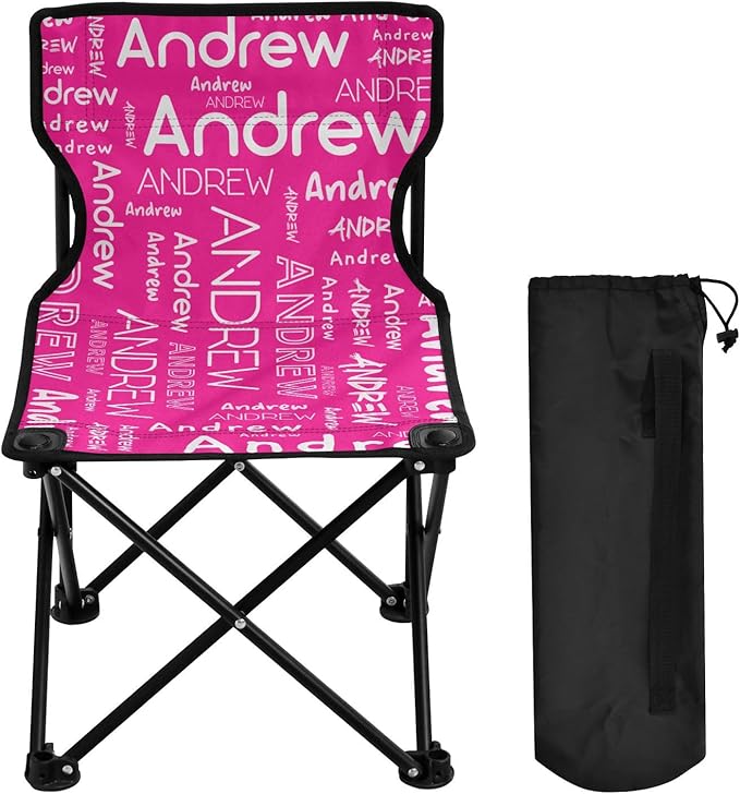 Sinestour Deep Pink Custom Folding Camping Chair for Teen Child Personalized Name 14.6×14.6in Portable Outdoor Chair with Carry Bag for Barbeques Picnic Travel