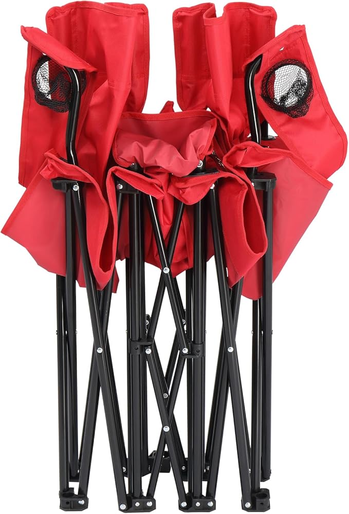 Double Folding Camping Chair W/Umbrella Fold Up Table Beverage Holder Carrying Bag Cooler for Patio Pool Park Outdoor Beach Picnic Portable (Red)