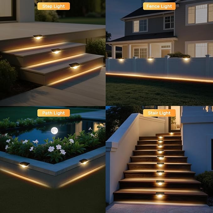 Solar Stair Lights Outdoor Waterproof 8 Pack Solar Step Lights for Outside Warm White Deck Lighting for Step Stair Porch Railing Patio Yard Front Door Sidewalk Poolside Balcony