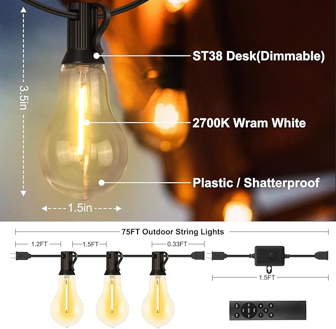 75FT Outdoor String Lights Waterproof with 50+4 Bulbs (1.5FT Bulbs Spacing) Remote &amp Dimmer Commercial Patio String Lights with 3 Mode Light &amp Timing 100PC Mounting Ties for Outside
