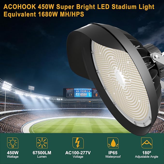 2Pack Stadium Lights Outdoor LED Flood Lighting 450W 67500LM (1800W Eqv.) Sports Count Light AC120-277V 5000K IP65 Waterproof Area Lighting - 5 Yrs Warranty