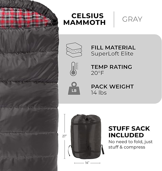 Teton Mammoth Queen Size Double Sleeping Bag- A Warm Bag The Whole Family can Enjoy – Great for Camping Hunting and Base Camp. Compression Sack Included