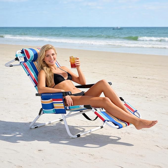 3 N 1 Beach Chair w/ Face Cushion &amp Arm Holes Lightweight Lawn Reclining Lounge Chair w/ Adjustable Backrest &amp Footrest5 Position Folding Chair for Outdoor Patio Backyard 440lb Weight Capa