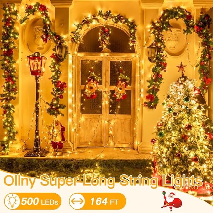 Ollny Christmas Lights 500LED 164FT Long Christmas Tree Lights with 8 Modes Remote Timer IP44 Waterproof Outdoor Christmas Lights for Tree House Yard Outside Xmas Decorations Warm White