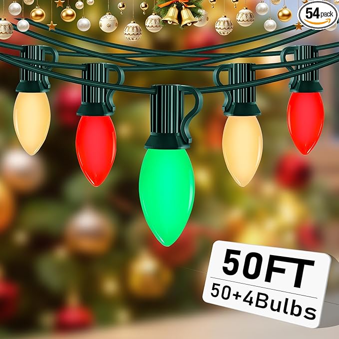 Abeja C9 LED String Light Outdoor 50Ft Vintage Christmas Lights with 54 Red White and Green Bulbs(4 Spare) Commercial Outdoor Christmas Lights for Holiday Wedding Party