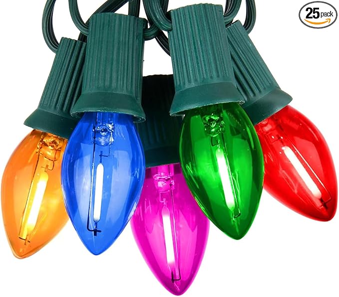 C7 LED Christmas String Lights25Ft Multicolor Outdoor Lights with 27 Energy-EfficientWaterproof Clear Bulbs for Indoor/Outdoor Holiday &amp Party Decor