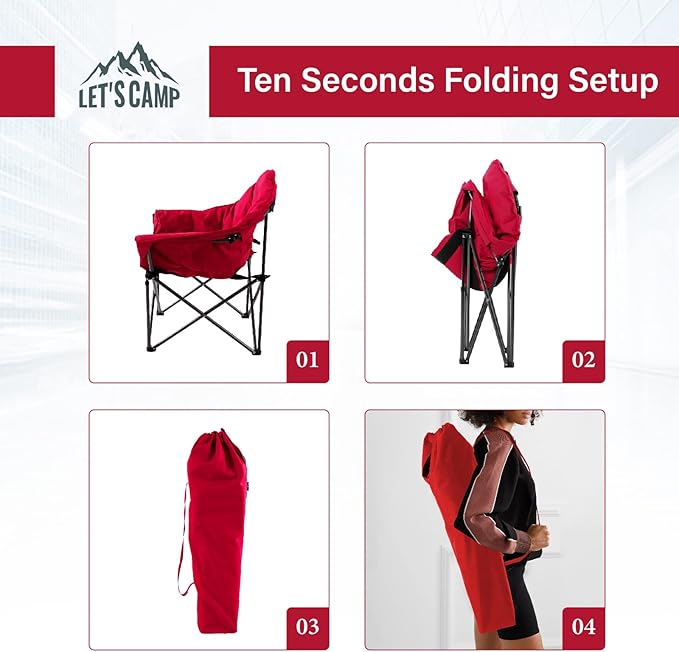 LET'S CAMP Heavy-Duty Oversize Camping Chair Round Moon Saucer Chair Padded with Cup Holder and Carry Bag Folding Chair2 PackRed