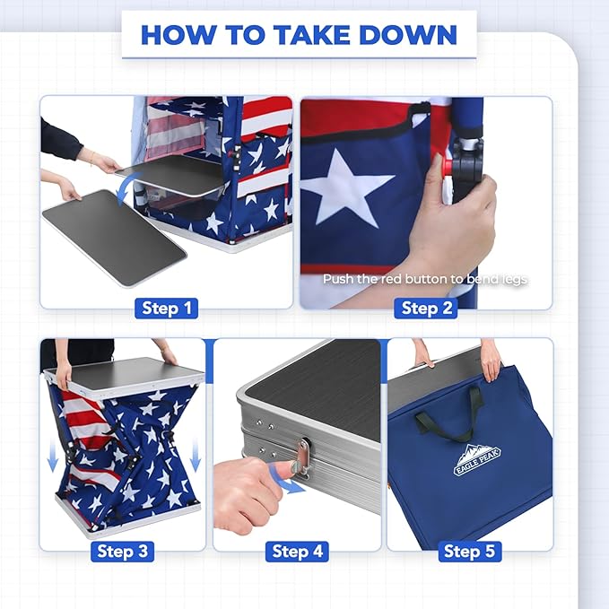 EAGLE PEAK Outdoor Folding Camping Table with Large 3-Tier Storage Organizer and Side Pockets Easy Set Up Portable Aluminum Camping Kitchen American Flag