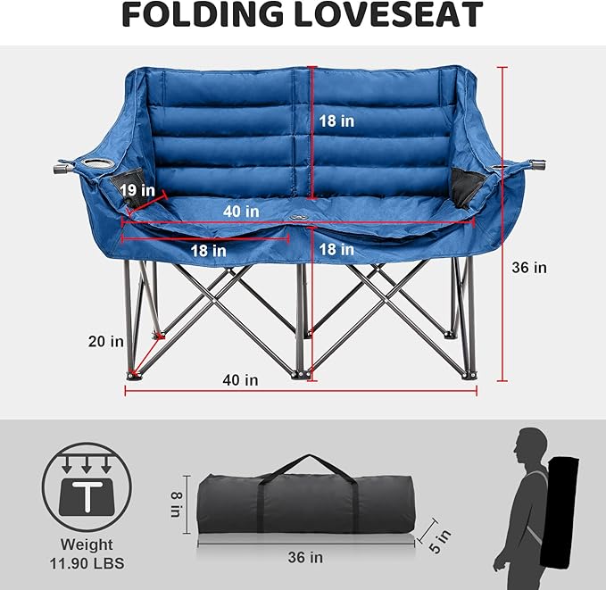 Double Camping Chair for Adults 2 Person Loveseat Camping Chair with Cup &amp Wine Glass Holder Portable Padded Double Folding Lawn Chair for Outdoor Camp Picnic Sports Support 500LBS (Blue)