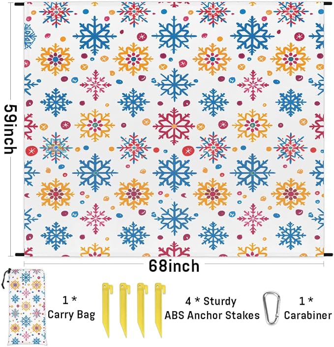 Waterproof Sandproof Beach Blanket 59''×68'' Needle Snowflake Polyester Outdoor Picnic Blanket with 4 Stakes &amp Storage Bag for BeachCampingVacation White