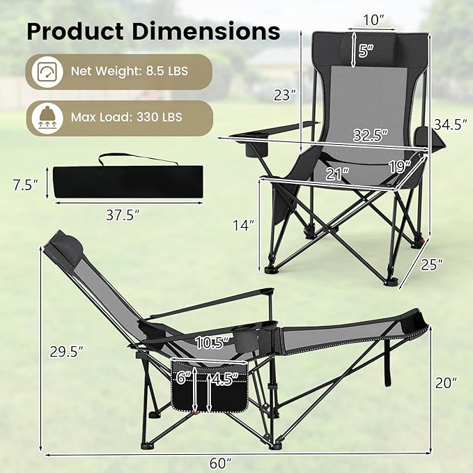 GYMAX Reclining Camping Chairs with Footrest Lightweight Foldable Camping Chairs with Cup Holders Adjustable Backrest Headrest Heavy Duty Camp Chair for Adult Outdoor Fishing Beach (Grey2)