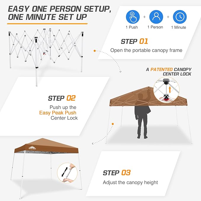 EAGLE PEAK 10x10 Slant Leg Pop-up Canopy Tent Easy One Person Setup Instant Outdoor Beach Canopy Folding Portable Sports Shelter 10x10 Base 8x8 Top (Khaki)