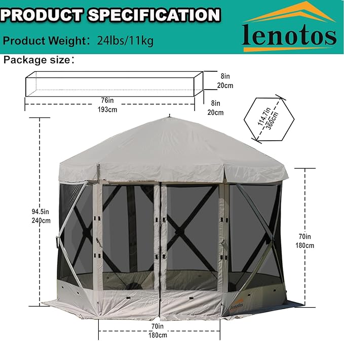 Pop Up Screen Tent 12'x12' Windproof &amp UV Protection Sun Shelter Portable Instant Setup 6-Sided Screen Tent for Picnic Camping Backyard Outdoor (Grey)