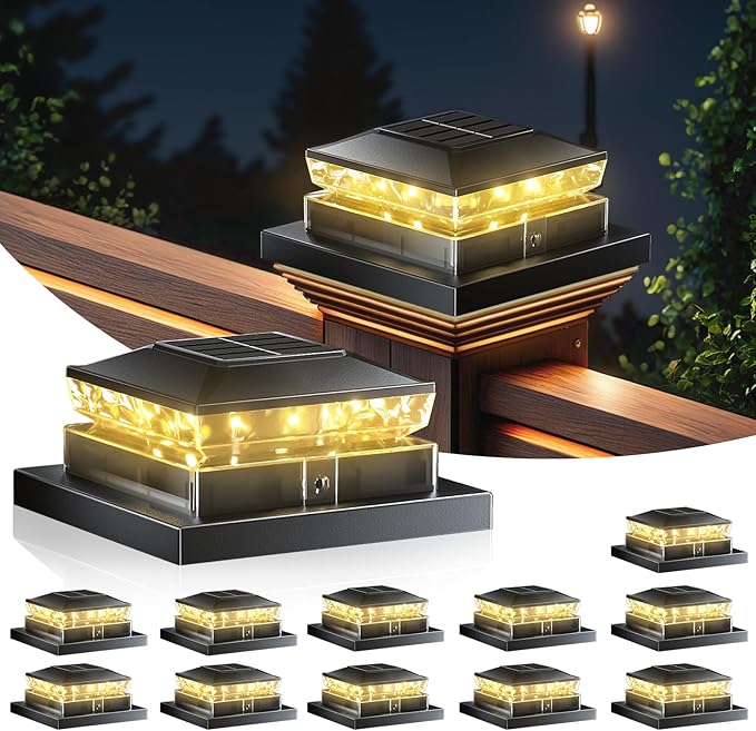 12 Pack Solar Post Cap LightBlack Solar Powered Fence Light 4x4 IP65 Waterproof Outdoor Post Solar Lights for Garden &amp Patio Deck Lights for 3.5x3.54x45x5 Wood &amp Vinyl Posts Warm White Lig
