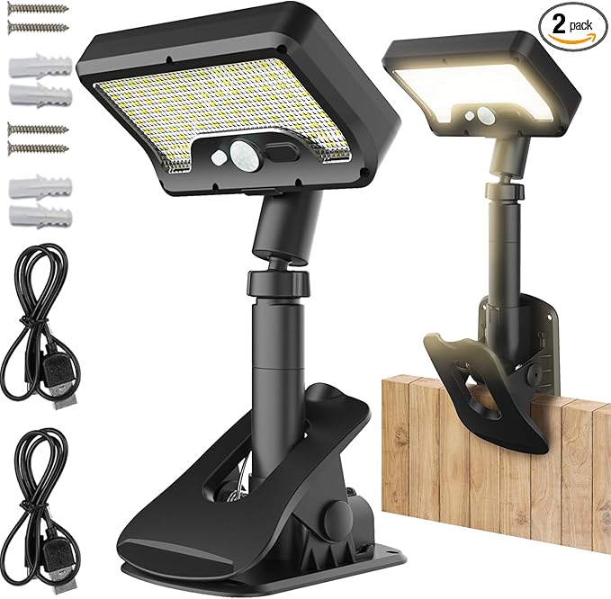 Pacify Clip On Solar Lights Outdoor with Motion Sensor 92 LED 600LM Adjustable Solar Clip Lights IP65 Waterproof Clamp Solar Lights for Fence Deck Gutter Camping Security(2 Pack Warm White 3000K)