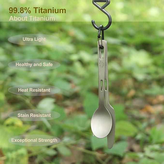 SANTTA Titanium Camping Utensils Ultra Light Spoon Fork Knife 3 Piece Set Cutlery Set with Pouch and Carabiner for Outdoor Camping Hiking Backpacking Hiking Picnic and Travel