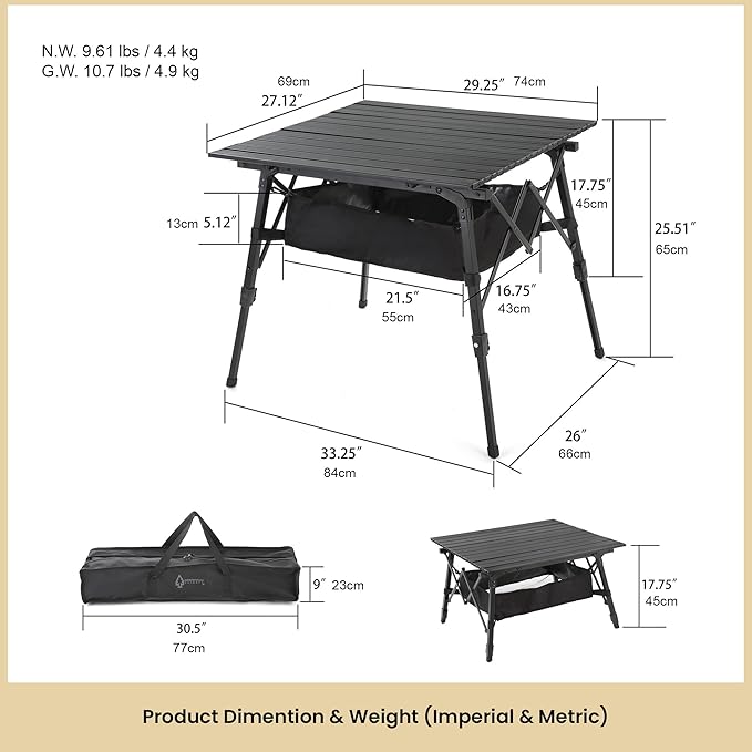 ARROWHEAD OUTDOOR 39 Aluminum Folding Camp Roll Up Table w/Adjustable Height Undertable Mesh Storage Carry Bag