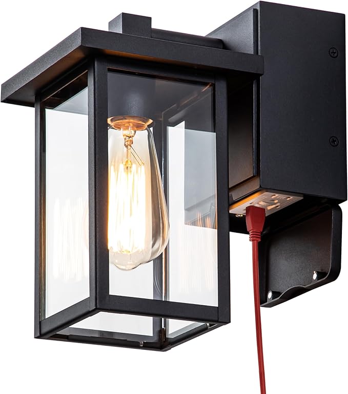 Porch Lights with GFCI Outlet Black Outdoor Light Wall Mount Waterproof Exterior Light Fixture with Outlet Wall Sconce for House Garage Patio