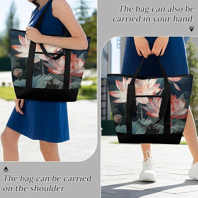 Insulated Shopping BagLarge Reusable Cooler Bags Dragonfly And Lotus Printed Foldable Shopping BagTravel Waterproof Shoulder Bag