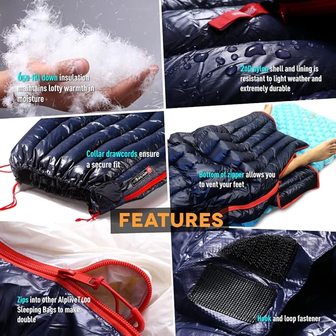 ZOOOBELIVES Ultralight Backpacking 32-50F Down Sleeping Bag - 27oz Ultra Compact 650 Fill Power Envelope Sleeping Bag for Hiking Camping and Backcountry Lightweight and Compressible – Alplive T400