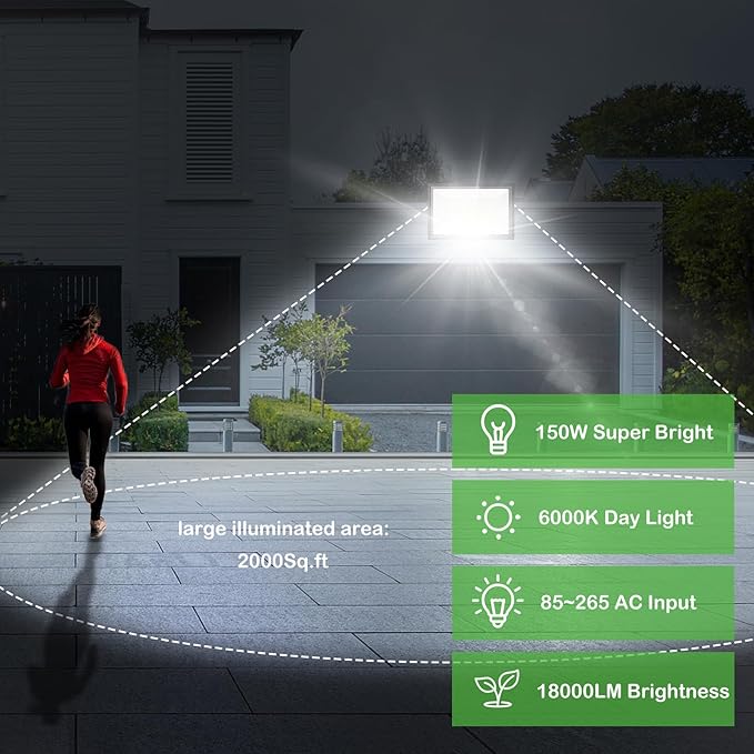 150W LED Flood Light Outdoor 3 Pack IP66 Waterproof 6000K Daylight White Security Lights Outside Lamp 18000LM Exterior Floodlights Lighting for Workshop Yard Stadium