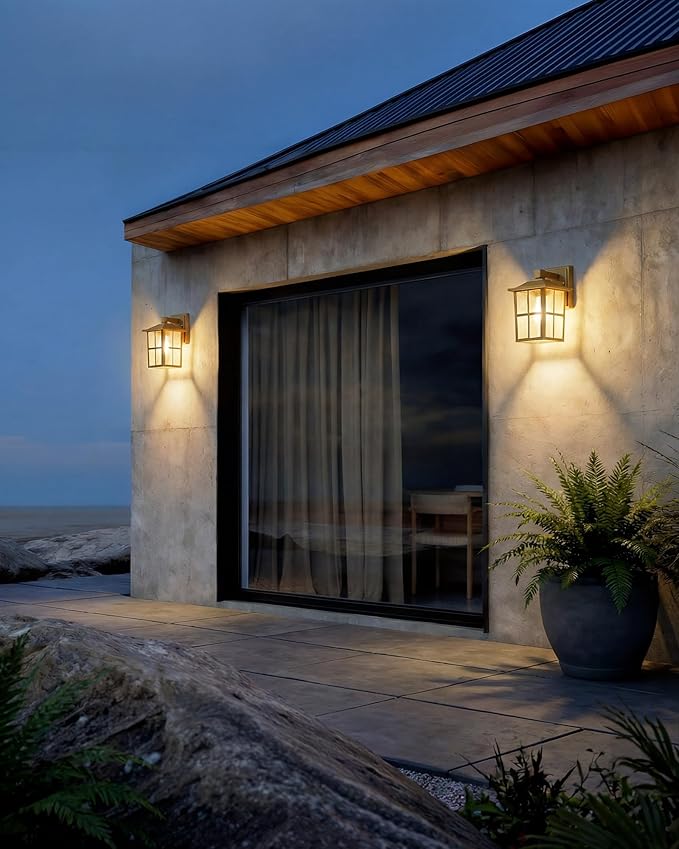 KDG Outdoor Waterproof Patio Wall Light Fixtures Set of 2 Gold E26 Socket Exterior Lanterns with Tempered Glass Modern Wall Mounted Lamp Suitable for Home Front Door Garden Garage Porch