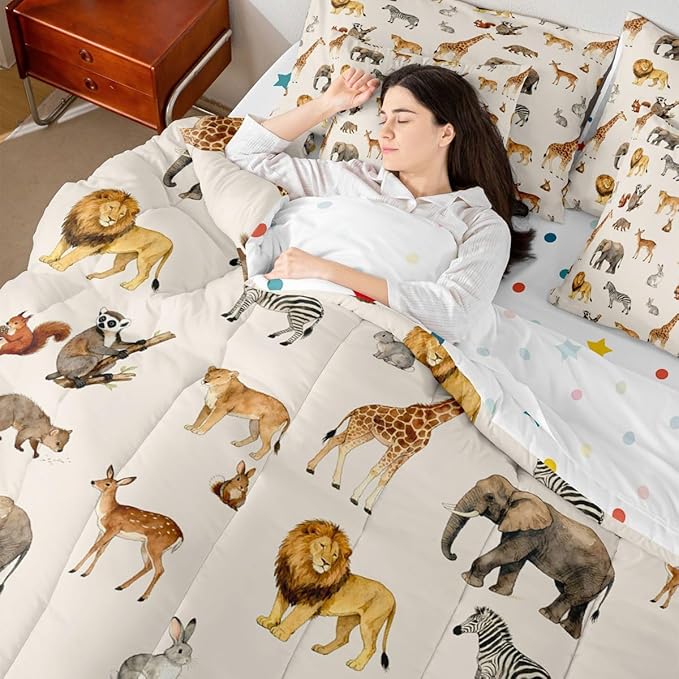 Zoo Animal Comforter Set with SheetsPillowcases &amp Cushion Cover Cute Giraffe 7 Piece Bedding Set for Kids Boys Girls Teens Room Decor Cartoon Animal Bed in a Bag Full Size Wildlife Microfiber