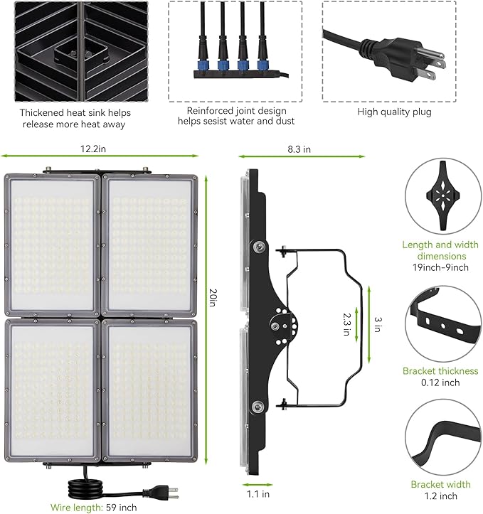 400W LED Flood Light 60000LM Super Bright Outdoor Security Lights UL Approved Plug with 4 Panel Adjustable 6000K Daylight White IP66 Waterprooffor Stadium Yard Street &amp Parking Lot Lighting