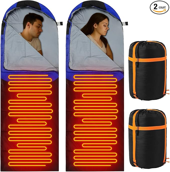 2 Pack Heated Sleeping Bag for Adults USB Electric Cold Weather Sleeping Bag with 4 Zone Carbon Fiber 3 Adjustable Heating Levels Waterproof for All Season Camping &amp Hiking