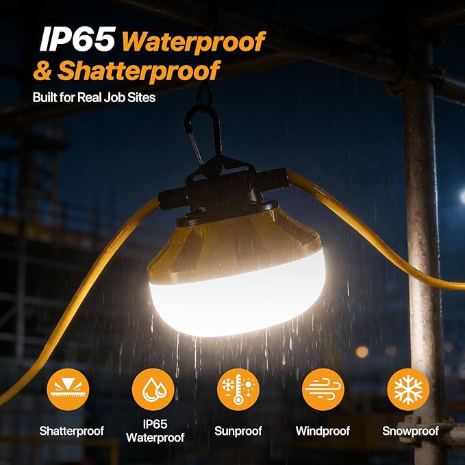 100FT LED Construction String Lights 10000LM 100W Linkable Work Lighting IP65 Waterproof ETL Listed 5000K Daylight RA&gt80 10-Head Temporary Light String for Job Site Tunnel Garage