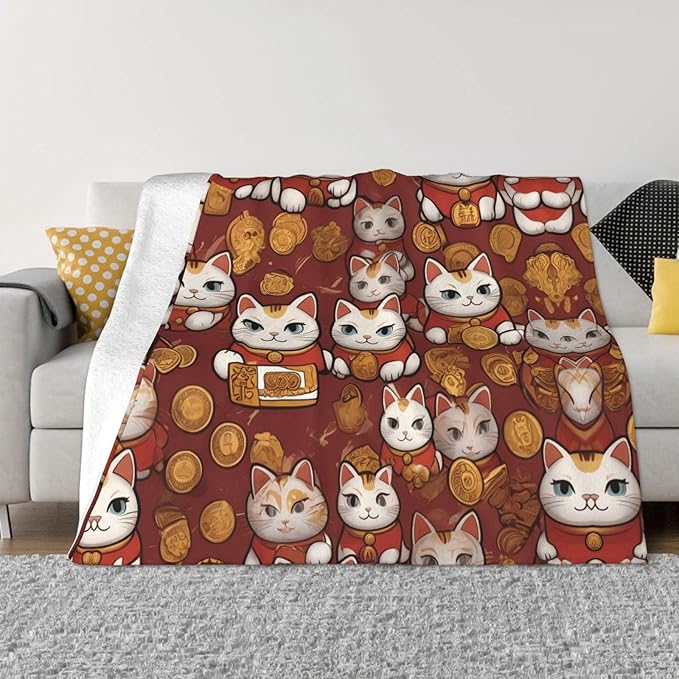 Lucky cat 80x60 Printed Soft Fleece Blanket for Sofa Bed and Camping - Cozy Blanket for Travel Picnics Nighttime Use