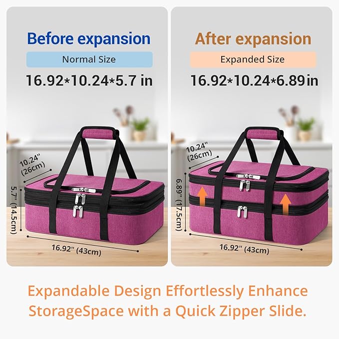 Insulated Double Casserole Carrier - Portable Casserole Carriers for Hot or Cold Food Lunch Tote Warmer or Cooler Bag for Potluck Parties Picnic Cookouts Fits 9 x 13 Baking Dish - Pink